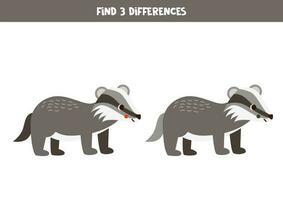 Find 3 differences between two cute cartoon badgers. vector