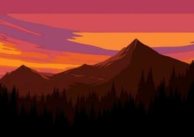 flat vector mountain sunset landscape with pine forest silhouette