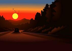 coche conducción hacia puesta de sol. vector paisaje ilustración