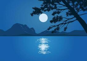 hermosa tranquilo noche ilustración con lleno Luna terminado lago y silueta de un árbol vector