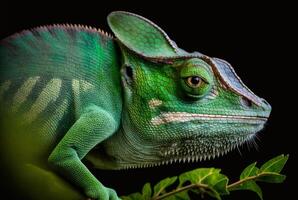 Green chameleon with textured skin close up, blurred tropical background. Generative AI. photo
