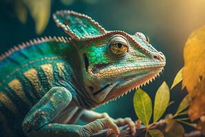 Green chameleon with textured skin close up, blurred tropical background. . photo