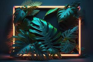 Colorful tropical leaves with neon frame on dark background. . photo