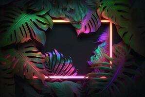 Colorful tropical leaves with neon frame on dark background. . photo