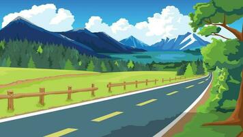 Copy Space Flat Vector Illustration. of straight asphalt road cuts through the hills and wide open fields of green grass. Green plains and mountains alternate. Under blue sky and white clouds.