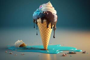 Colorful ice cream splashes, melting ice cream cone. . photo