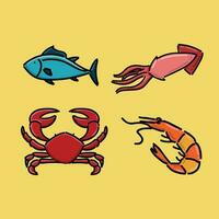 Cartoon seafood. Fresh fish, crab and tuna. Raw products for shop or restaurant. Healthy food as shrimps and squids for delicacy dishes. Aquatic creatures for market vector set