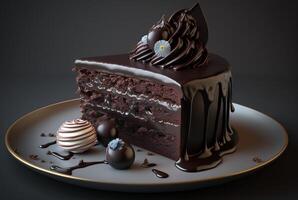 A piece of chocolate cake on a plate with cutlery. photo