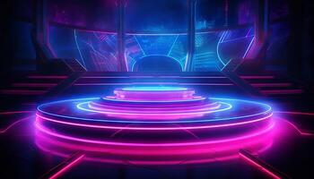 stage with neon glowing gradients and vibrant laser beams in purple, blue, and red colors. photo