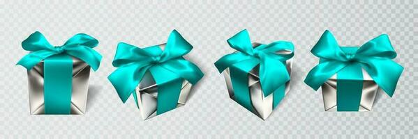 Realistic gift box with blue bow isolated on gray background. Vector illustration