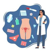 Womans health concept. Menstruation, period, female uterus, reproductive system. Doctor gynecologist standing with clipboard, pregnancy test, tampon, calendar, pads, menstrual cup, pants. Vector. vector