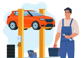 Car repair. Auto mechanic near the car lifted on autolifts. Car service and repair, diagnostics. Auto service. Vector illustration.