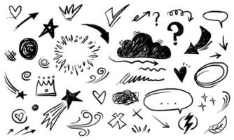 Doodle elements for concept design on set. isolated on white background. Infographic elements. Emphasis, curly swishes, swirl, clouds, arrow, heart, crown, star. vector illustration.