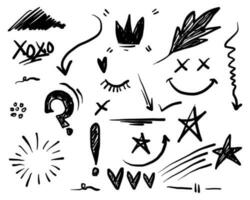 Hand drawn set doodle elements for concept design isolated on white background. Infographic elements. Brush stroke, curly swishes, swoops, swirl, arrow, heart, leaf, crown, star. vector illustration.