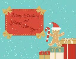 Card with gingerbread man with candy cane in santa hat and gifts vector