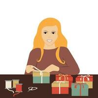 Young smiling woman preparing christmas gifts vector