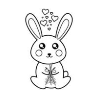 Vector coloring black and white cute rabbit with mistletoe and hearts