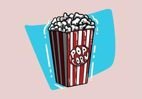 Popcorn isolated on background. Cinema icon in flat style. Snack food. Big red white strip box. Vector stock