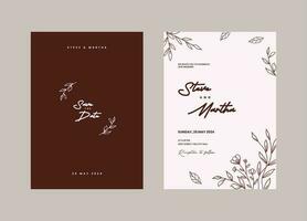 un conjunto de minimalista Boda invitación modelo con mano dibujado flores y hojas decoración vector