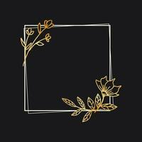 Gold floral border with hand drawn leaves and flowers for wedding invitation, thank you card, logo, greeting card vector