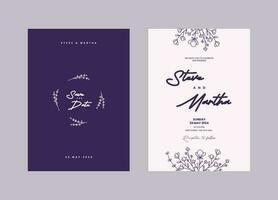 A set of Minimalist wedding invitation template with hand drawn flowers and leaves decoration vector