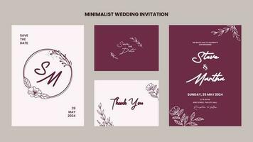 A set of Minimalist wedding invitation template with hand drawn flowers and leaves decoration vector