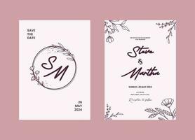 un conjunto de minimalista Boda invitación modelo con mano dibujado flores y hojas decoración vector