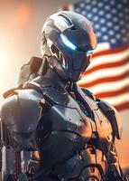 futuro militar Estados Unidos robótico soldado ejército, independencia día 4 4 julio, americano bandera fondo, generativo ai foto