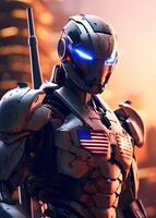 futuro militar Estados Unidos robótico soldado ejército, independencia día 4 4 julio, americano bandera fondo, generativo ai foto