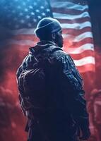 Future military USA Soldier army, Idenpendece day 4 july, american flag background, photo