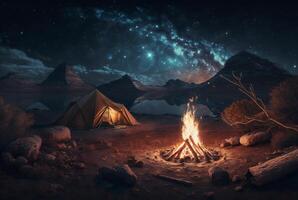 Night camping with bonfire and tent under clear starry sky and milky way. generative ai photo