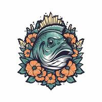 Fish flower handdrawn logo design illustration vector