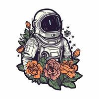 Astronaut with flower handdrawn logo design illustration vector