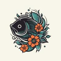 un hermosa pescado rodeado por flores en un logo ilustración, Perfecto para un inspirado en la naturaleza marca vector