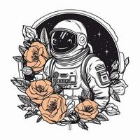 Astronaut with flower handdrawn logo design illustration vector