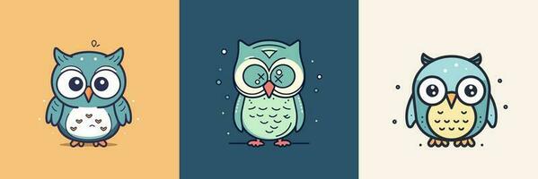 Cute baby owl mascot kawaii cartoon bird illustration set collection vector