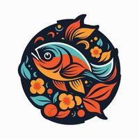 un hermosa pescado rodeado por flores en un logo ilustración, Perfecto para un inspirado en la naturaleza marca vector