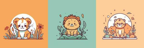 Cute kawaii lion cartoon illustration vector