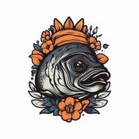 un hermosa pescado rodeado por flores en un logo ilustración, Perfecto para un inspirado en la naturaleza marca vector