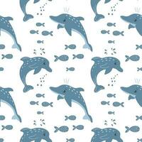 Seamless pattern with dolphins and fish on a white background. Background with cartoon sea animals. Baby print, vector