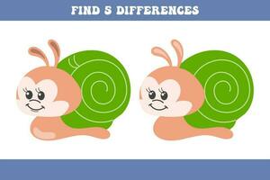 Find 5 differences between two cartoon snails. Children's logic game, educational puzzle, vector