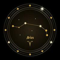 Aries, constellation of the zodiac sign in the cosmic magic circle. Golden design on a dark background. Vector