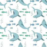 Seamless pattern with sharks and fishes on a white background. Background with cartoon sea animals. Baby print, vector