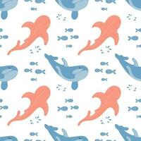 Seamless pattern with whales and fishes on a white background. Background with sea animals. Children's print, vector