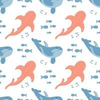 Seamless pattern with whales and fishes on a white background. Background with sea animals. Children's print, vector