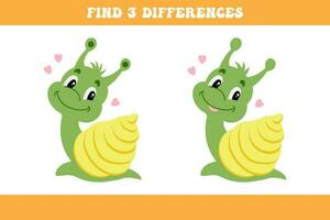 Find 3 differences between two cartoon snails. Children's logic game, educational puzzle, vector