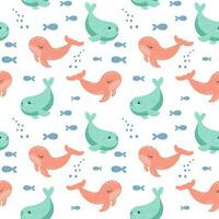 Seamless pattern with fur seals and fishes on a white background. Background with cartoon sea animals. Baby print, vector