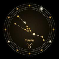 Taurus, constellation of the zodiac sign in the cosmic magic circle. Golden design on a dark background. Vector