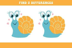 Find 3 differences between two cartoon snails. Children's logic game, educational puzzle, vector