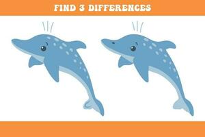 Find 3 differences between the two dolphins. Children's logic game, educational puzzle, vector